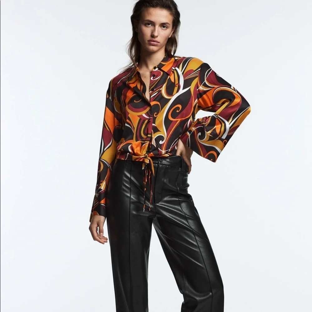 NWT Zara Blouse M Multicolor‎ Retro Swirl Tie Front Button Down Top Y2K Festival